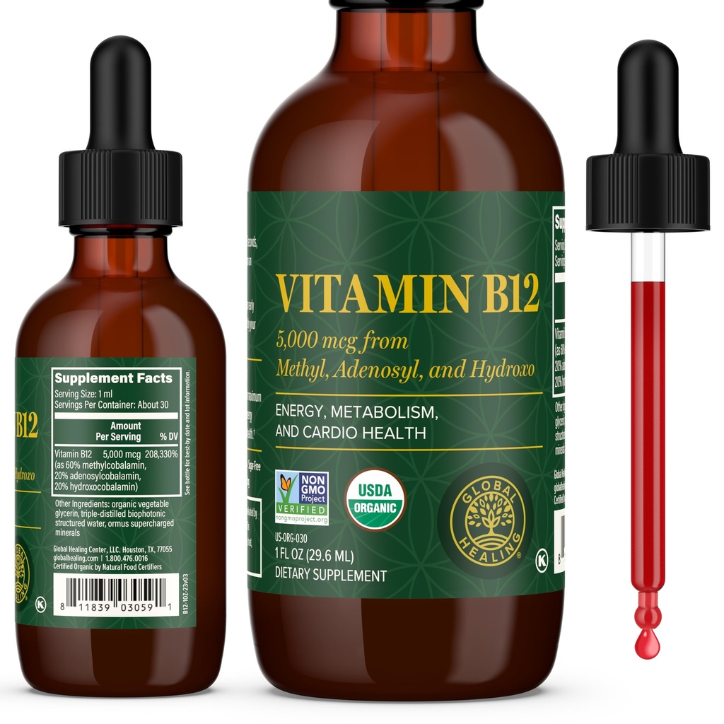 Global Healing Center - Vitamine B12 Sublingual 5000 MCG Organic Liquid Supplement, méthylcobalamine, Adénosylcobalamine, Hydroxo Long Lasting Energy and Healthy Metabolism - Vegan B12 Vitamines (1 Oz)