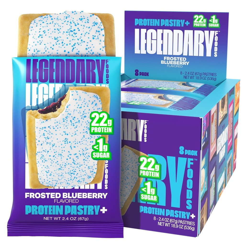 Legendary Foods 22g Proteïne Pastry+ Frosted Blueberry, Low Carb Meal Replacement Bar - Lage Glykemie, Glutenvrije Protien Snacks - Gezonde Keto Snack Box 8 Zero Sugar Energy Bars - Diabetic Friendly