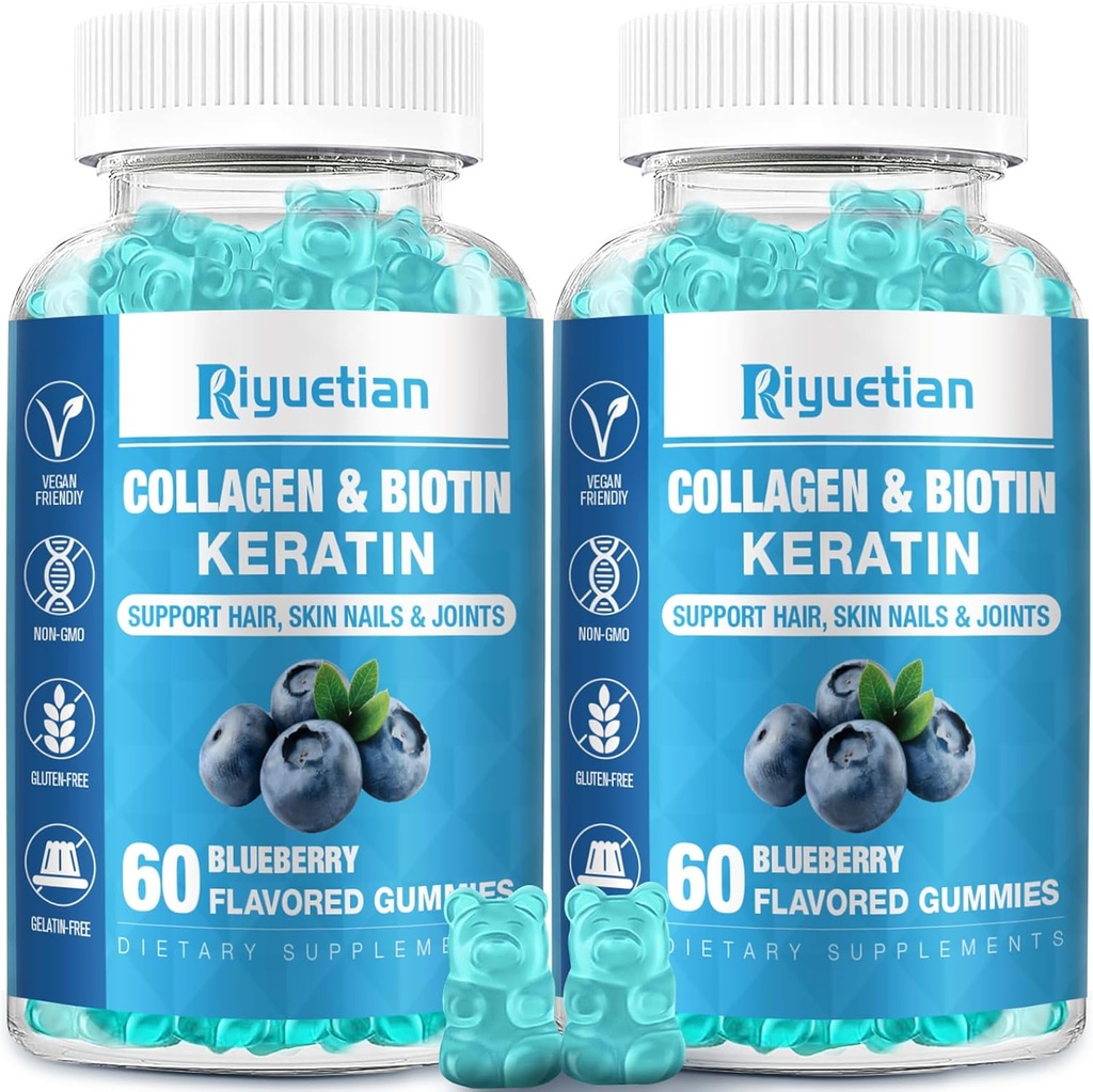 Gommies Biotine 15000mcg avec Collagène pour Adultes Femmes & Hommes - Cheveux, peau et ongles Gommies avec Biotine - Collagène pour Femme - Vegan, Non-OGM, Vitamines capillaires - 120 Compte, 2 Pack