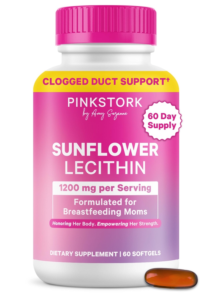 Pink Stork Zonnebloem Lecithin Supplement - 1200 mg voor Clogged Milk Producten - Borstvoeding Essentials voor postpartum moeders - Ondersteunt Breast Milk Flow - 60 Softgels