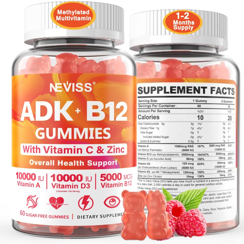 Multivitamines méthylées Hommes, Vitamine D3 K2 5000UI / 10 000UI, B12 5000 mcg 2500mcg, K2 (MK-7) 240mcg- ADK+Méthyl Vitamine B12, Vegan D3,Vitamine A,C,Oeil de zinc,Bone,Énergie,Immune, Gommies sans sucre