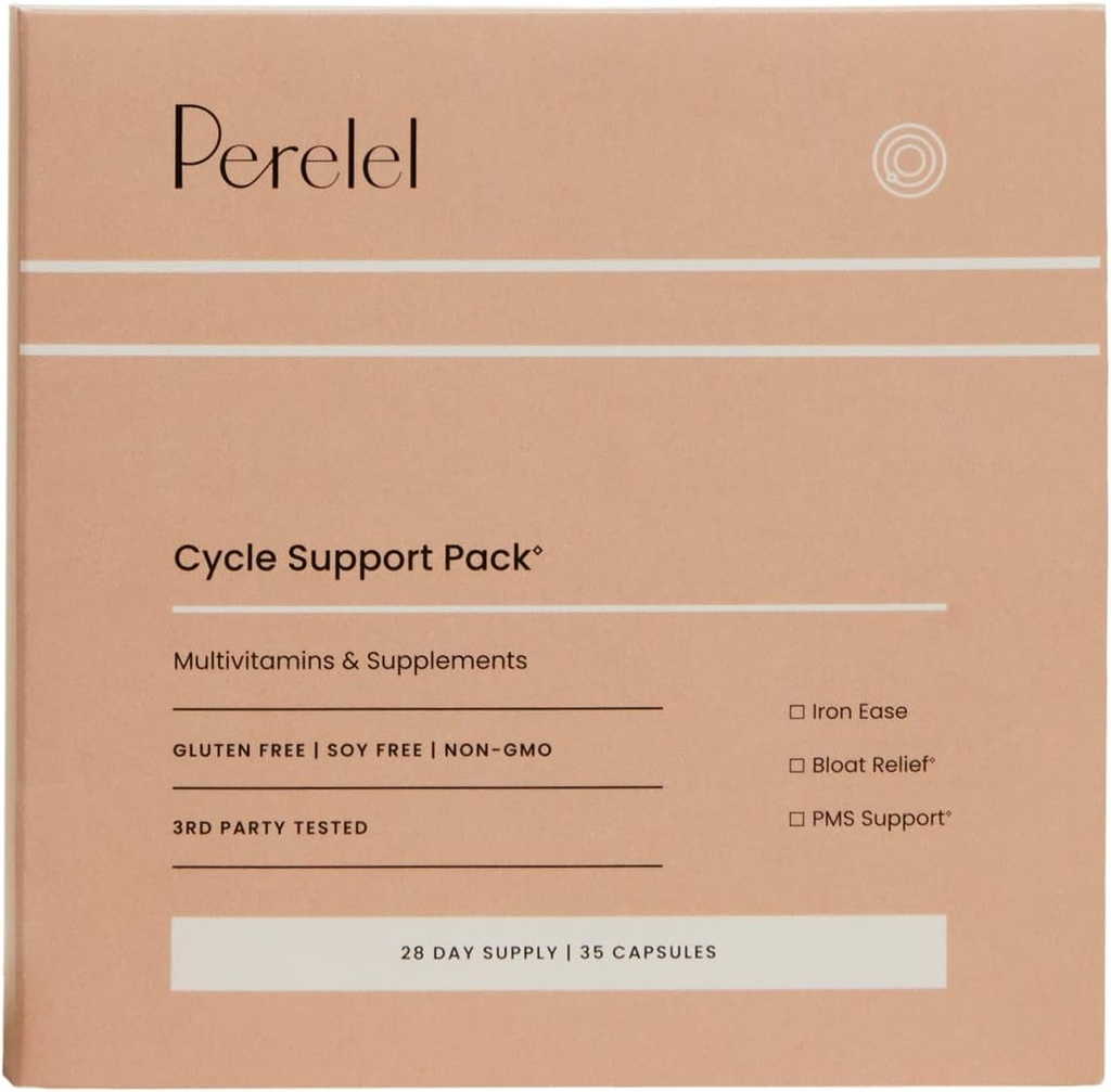 Perelel Cycle Support Pack, Dagelijkse Supplement met ijzer, vitamine C, B12 en Bloat en PMS Ondersteuning Blend, soja, zuivel en glutenvrij, niet GGO, 28 dagen levering