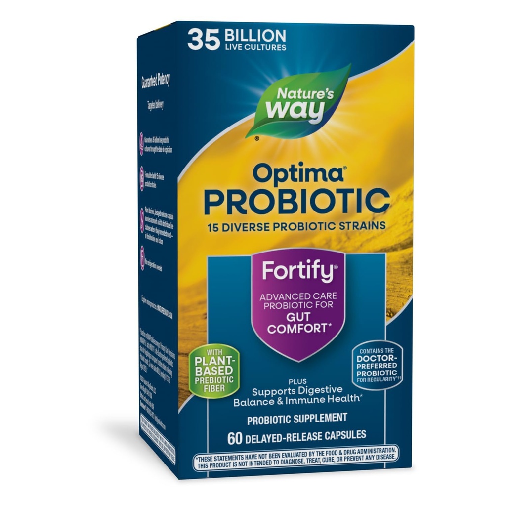 Nature's Way Fortify Optima Probiotic for Adults, 35 Miljard Live Cultures, 15 Strains, Ondersteunt Decompensative Balance en Immune Health*, Geen Koeling vereist, 60 Capsules (Verpakking mei Vary)
