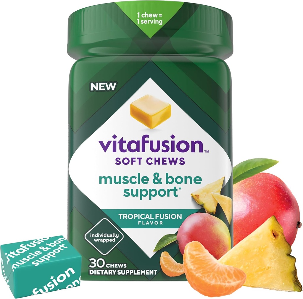 Vitafusie Zachte kauwgom Spier & bot ondersteuning (1), volwassen kauwbare vitamine D voor bot & spierondersteuning, individueel verpakt, tropische fusie smaak, 30 kauwgom, 30 dagen levering