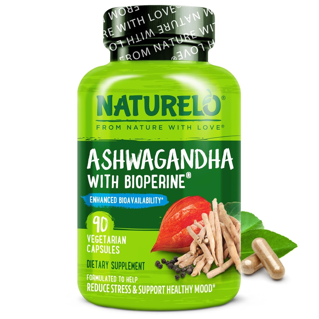 NATURELO Ashwagandha poudre de racine biologique - supplément naturel à base d'herbes pour la fatigue, le stress, l'amélioration de l'humeur - avec extrait de poivre noir - 90 capsules végétaliennes