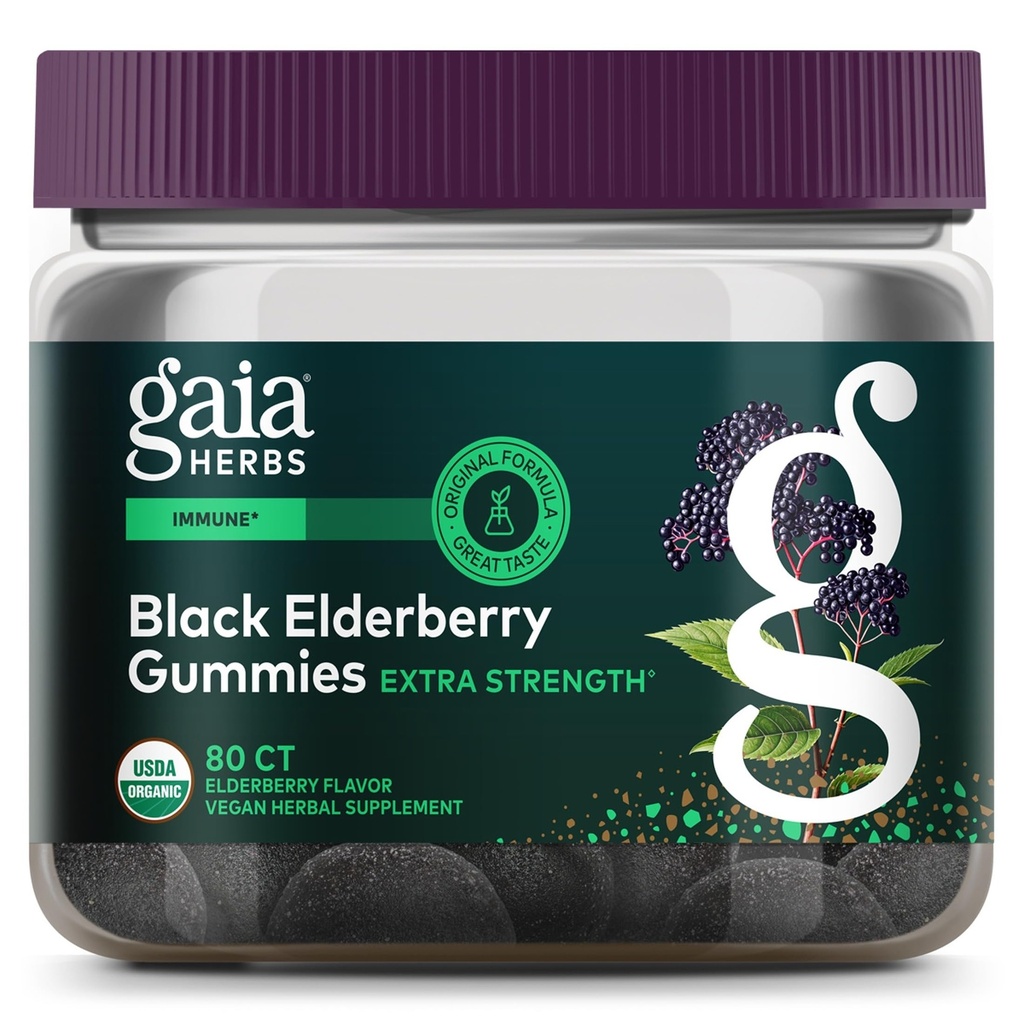 Gaia Kruiden Zwarte Vlierbes (Sambucus Nigra) Extra sterkte Gummies - Delicious Immune Support Supplement - Gemaakt met Certified Biologische Zwarte Vlierbessen voor Immune System Support - 80 Gummies