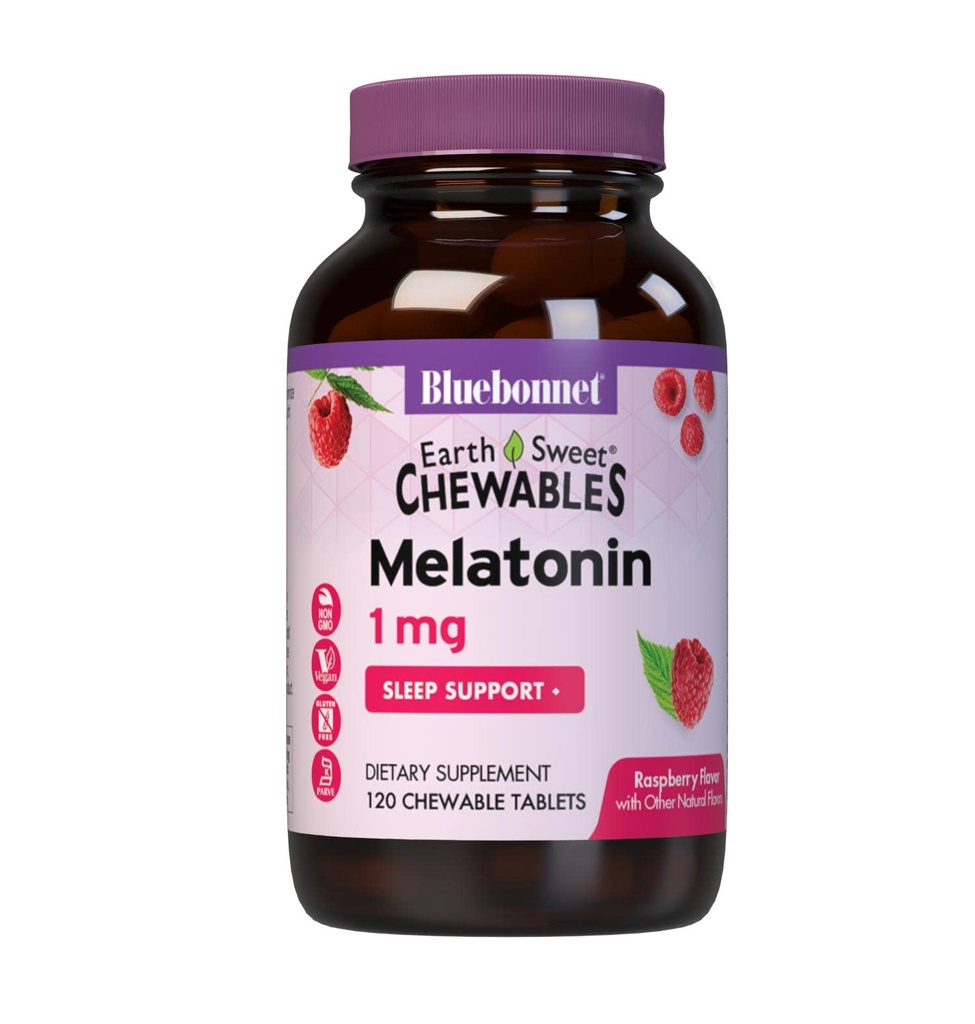 Bluebonnet Nutrition EarthSweet Melatonin 1 mg à action rapide Dissolve la nuit relaxation et repos de sommeil - Aide au sommeil - Sans gluten, végétalien - Arôme framboise - 120 comprimés à croquer