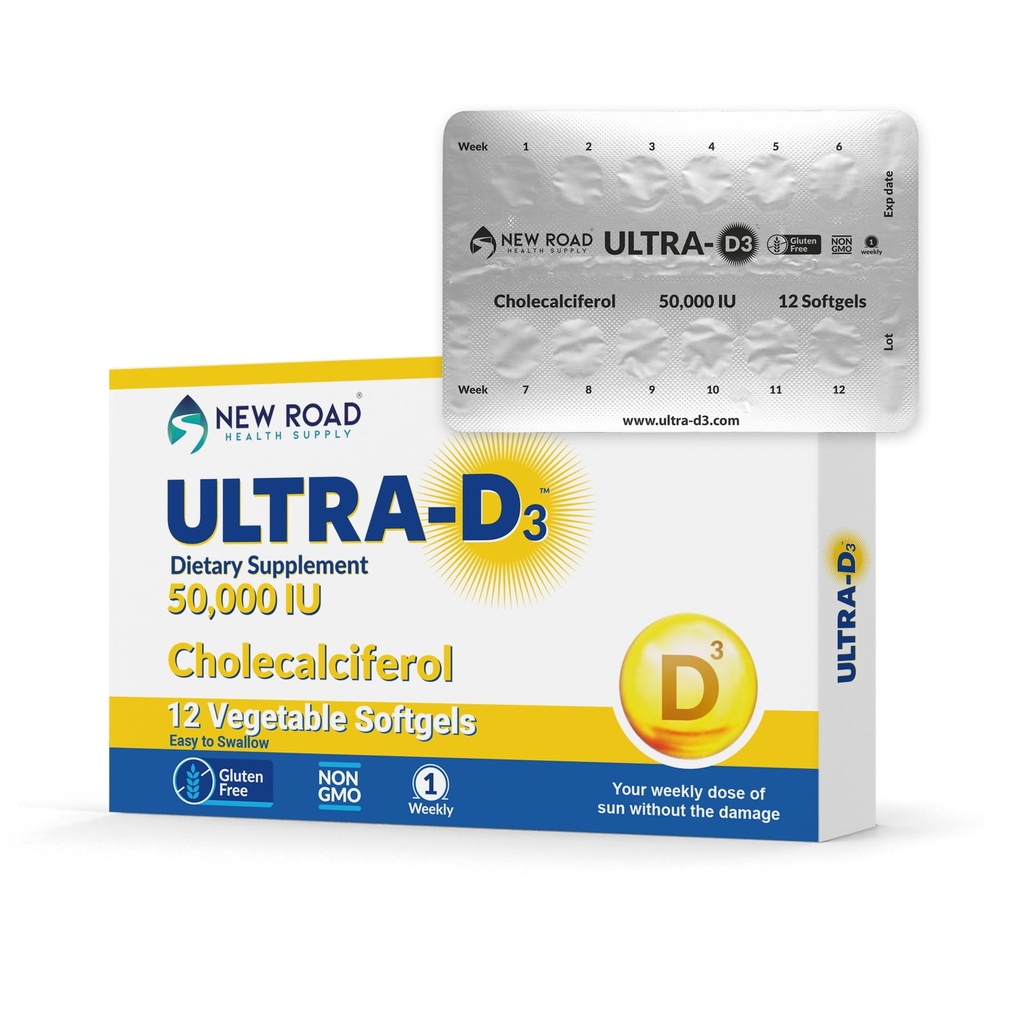 Nieuwe Road Health Supply, High-Potency Vitamine D3 50.000 IE, Once-Weekly Softgel, Ondersteunt bot, tanden & Immune Health, Gemakkelijk te slikken, Gluten-vrij, 12 Tellen