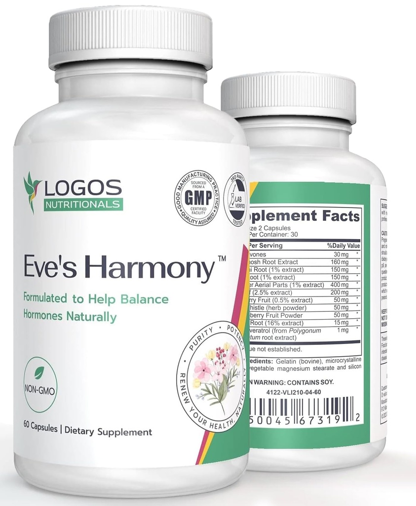 Eve's Harmony Menopauze Supplement, Hormone Ondersteuning voor vrouwen met Soy Isoflavones, Black Cohosh & Red Raspberry, Niet-GMO Natuurlijke PMS & Menopausale Symptoom Ondersteuning, 60 Capsules
