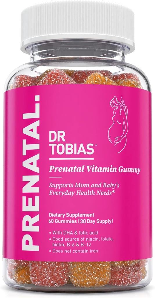 Dr. Tobias Prenatale Vitamine Gummy, Iron Free Prenatale Vitaminen met DHA en Foliumzuur, Niacin, Biotin, B6, & B12, Inclusief Visolie, voor pre- en postnatale ondersteuning, 60 Gummies, 30 Servers