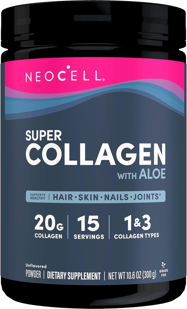 Neocell Super Collagène avec Aloe; Collagène de type 1 et 3; Soutient les cheveux, la peau et les ongles sains; Sans gluten; Poudre non aromatisée; 10 g Collagène/Serveur; 30 portions; 10,6 Oz,*