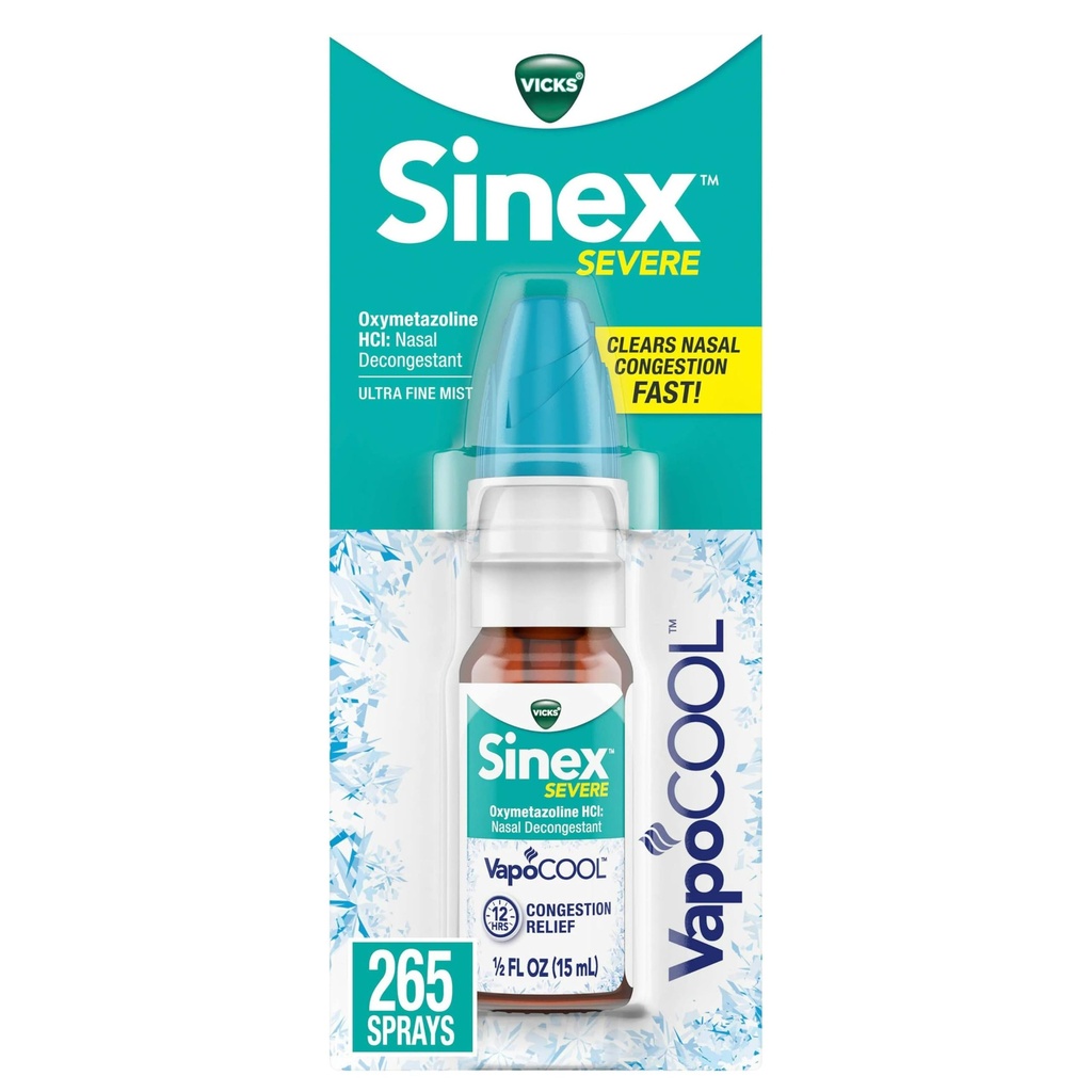 Vicks Sinex SEVERE Spray nasal avec VapoCOOL, Vapors Vicks apaisants, Médecine Dognissante, Soulagement du Nez Stuffy dû au froid ou à l'allergie, & Congestion nasale, Sinus Pressure Relief, 265 Sprays
