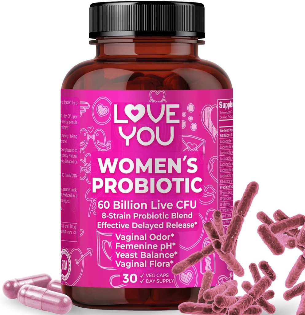 Love You Womens Probiotic, Ph Balance, Ut, Vrouwelijke, Vaginale Health Supplement, Digestief, Pre + Pro + Postbiotica, Vertraagde Release, 60 miljard levende CFU, 8-stam Probiotische Blend, 30 Veg Caps Servers