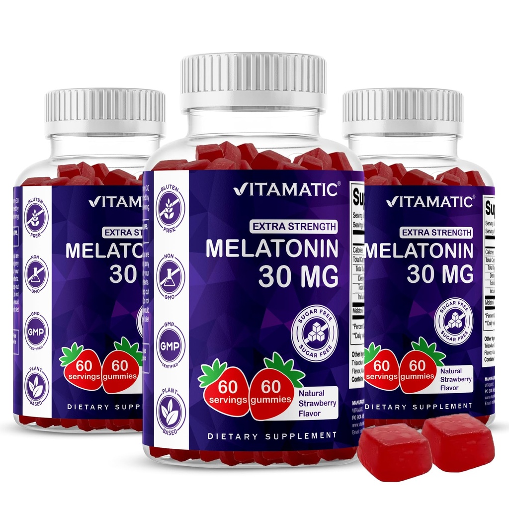 Vitamatic Sugar Free Melatonine 30mg per Gummy - 60 Serves - 60 Vegetarische Gummies - Non-Habit Forming Supplement (60 Tellen (pakket van 3))