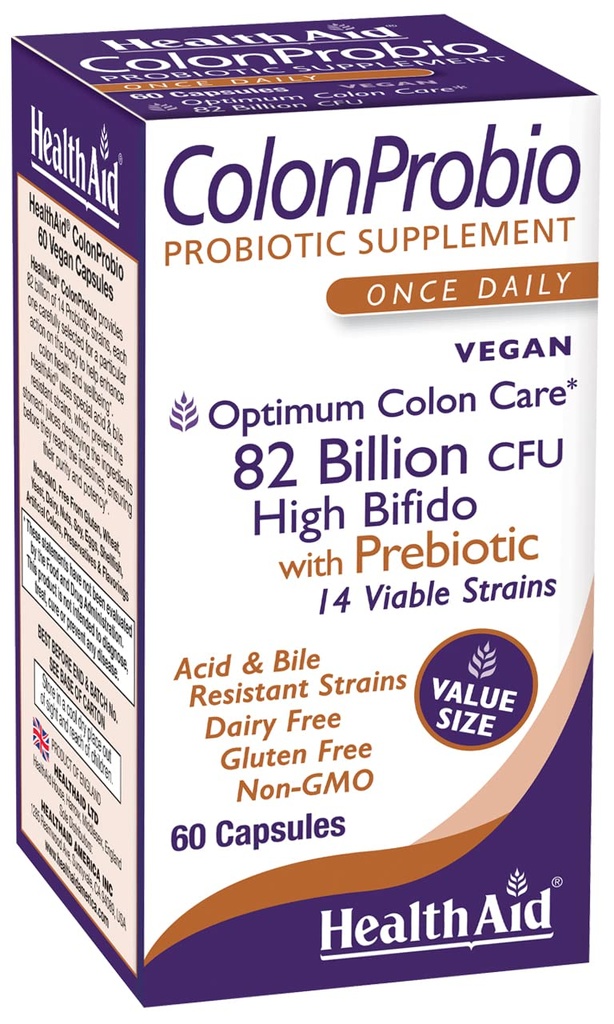 HealthAid ColonProbio 82 Billion with Prebiotic, 14 Strains, Once Daily, 60ct, Optimum Colon Care, Acid & Bile Resistant, Dairy Free, Gluten Free, Non-GMO, High Bifido