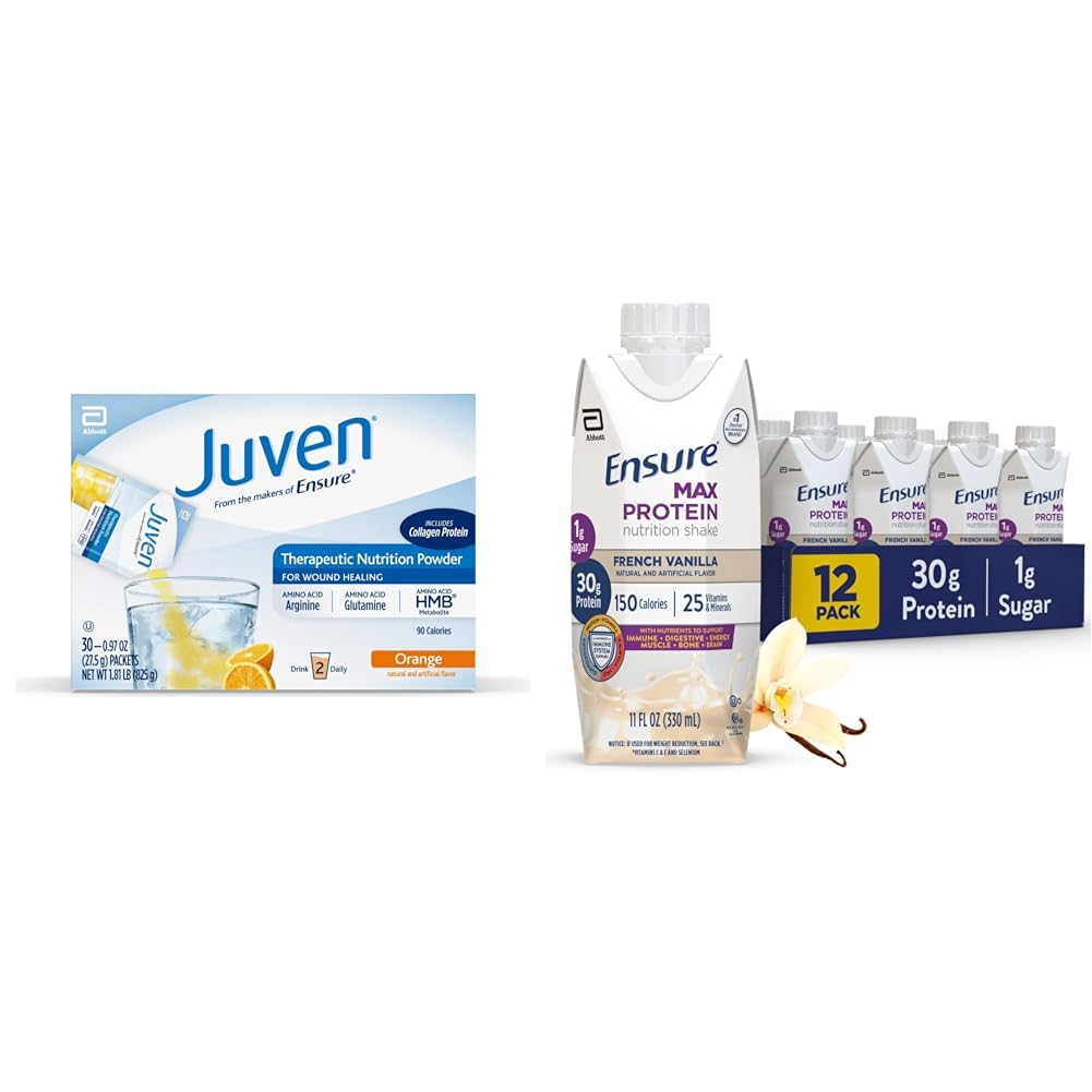 Juven Therapeutic Nutrition Drink Mix Powder for Wound Healing, 30 Count + Ensure Max Protein Nutrition Shake, French Vanilla, 12 Pack