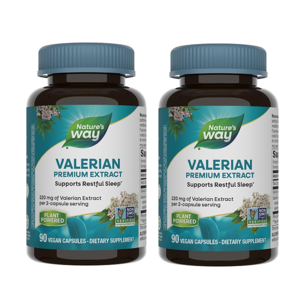 Nature's Way Valerian Premium Extract - 220 mg d'extrait de valérian par portion de 2 capsules - Soutient le sommeil reposant* - Projet non-OGM vérifié - Suppléments à base de plantes - Sans gluten - 90 Capsules (2 Pack)