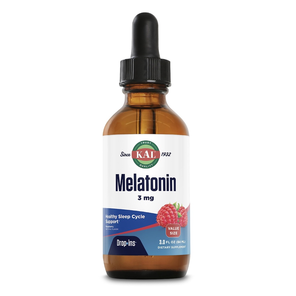 KAL Melatonine 3mg DropIns, Fast Acting Slaaphulp, Melatonine druppels voor kalmerende ontspanning en gezonde slaapcyclus ondersteuning, natuurlijke Raspberry smaak, 60 dagen garantie, ongeveer 88 porties, 3 fl oz