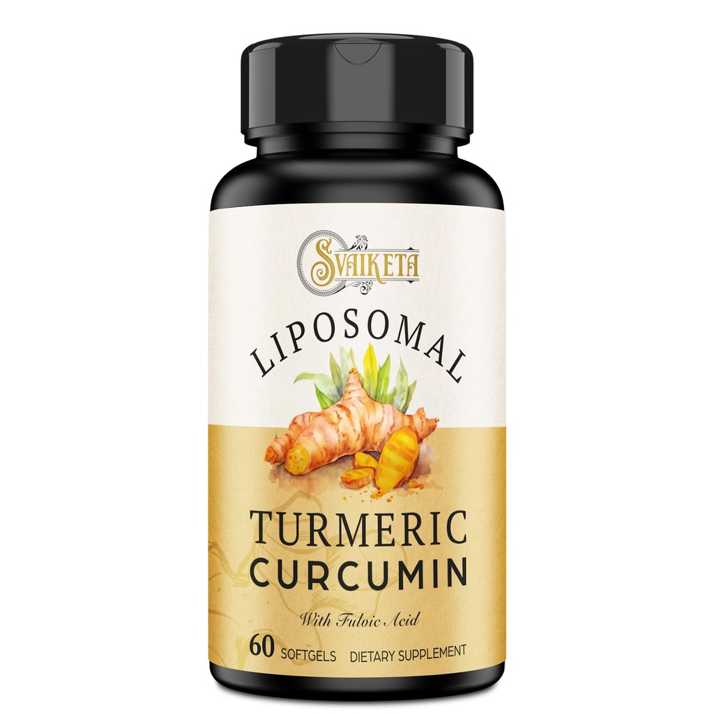 Supplément curcumine curcuma liposomique 2000mg, 95% Extrait curcuminoïde normalisé et poudre de racine organique avec des fruits de poivre noir Piperine (15mg), 60 softgels