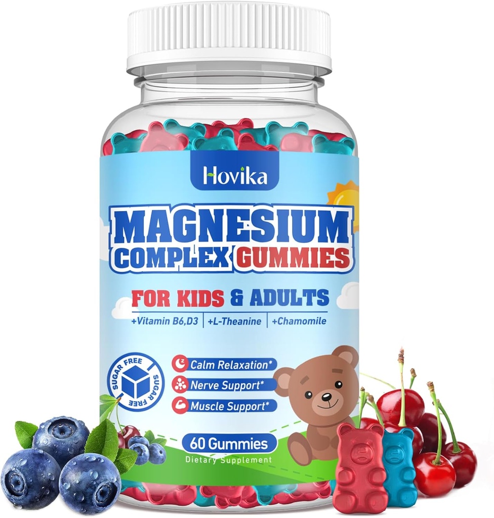 Kinderen Magnesium Gummies - Magnesium Glycinate Citrate Kauwbare Supplement met vitamine B6, D3, Passie Bloem, L-theanine - Suikervrij Kalm Magnesium voor kinderen & volwassenen slapen, Mood, Ontspanning, 60 Kauwen