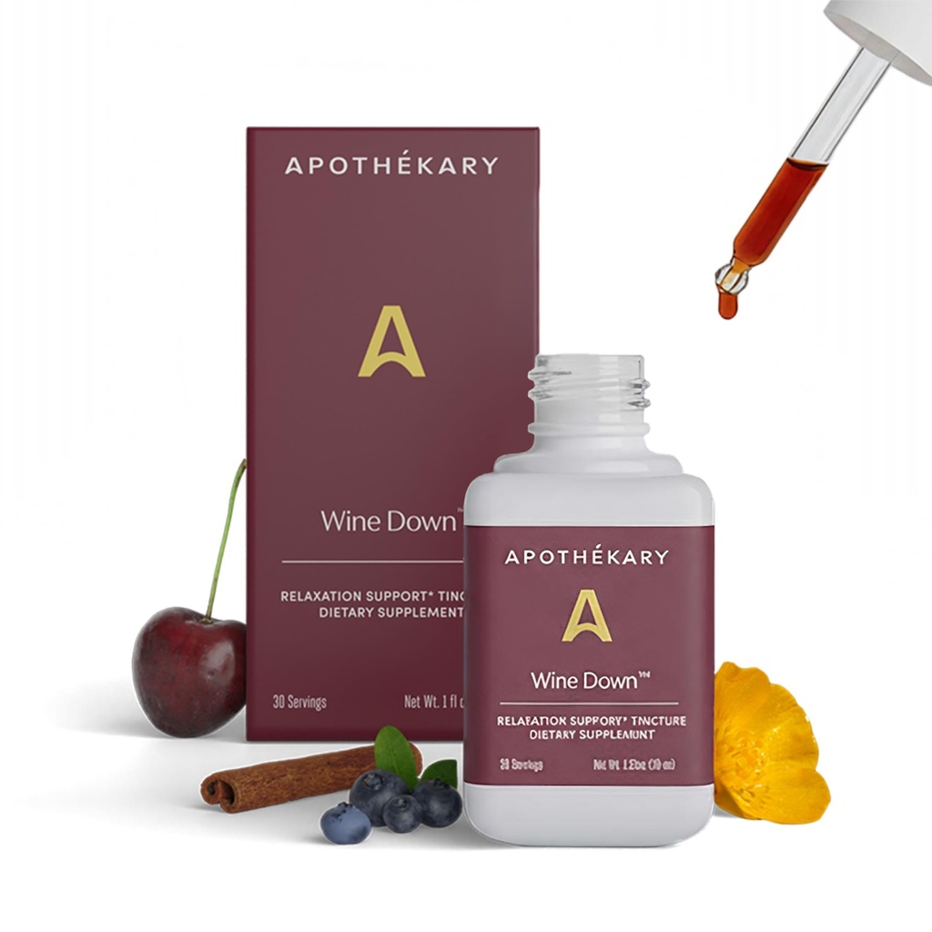 Apothékary Wine Down, Natural Sleep and Relaxation Support, Alcoholvrije Rode Wijn Geïnspireerd Kruiden Liquid Drops, Bestaat uit Blue Vervain, Tart Cherry, en California Poppy, 1 oz, 30 Servations