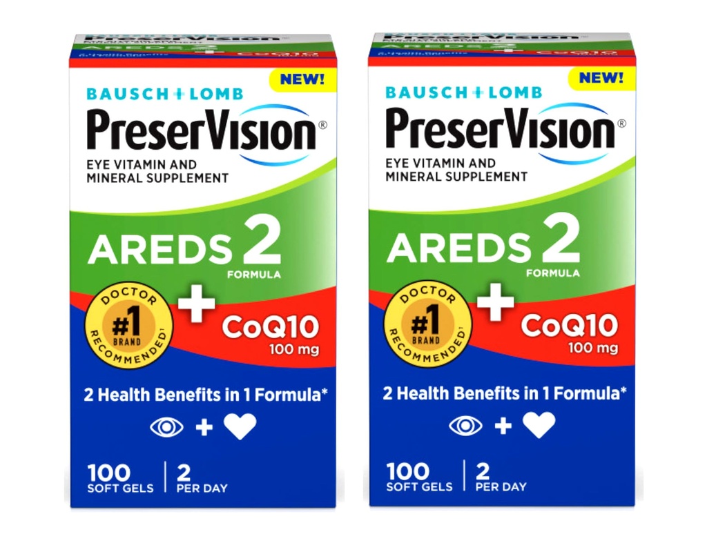 PreserVision Eye Vitamin & Mineral Supplement AREDS 2 Formula + CoQ10, 2-in-1 gezondheidsvoordelen, 100 Softgels (2 per dag) Pack van 2