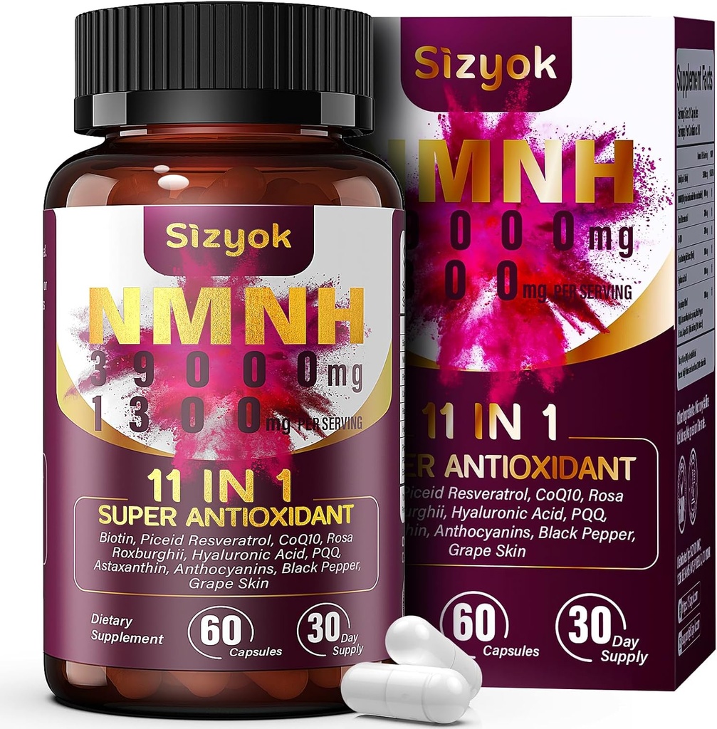 11-in-1 NMNH (dihydronicotinamide mononucléotide), 600mg par portion, supplément NAD+ avec resvératrol, CoQ10 pour soutenir NAD+ Niveaux, Supplément NMNH pour l'anti-âge, Compte 60, 30 jours d'approvisionnement-72