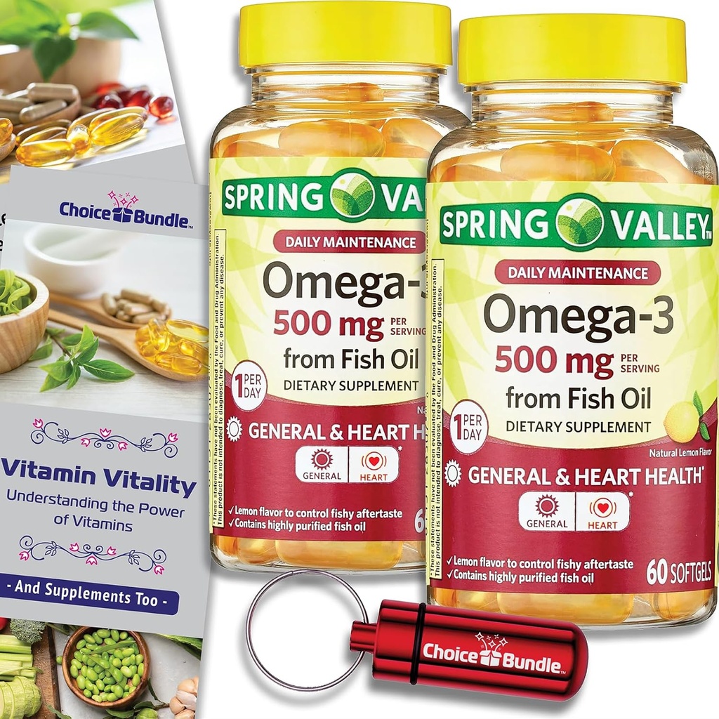 Keuze Bundle Spring Valley Fish Oil Omega 3 Fatty Acid Supplement Citroen Softgels 500 mg 60 Ct 2 pk (120 Totaal) + Vitamine Guide en Pillencontainer (4 Items)!
