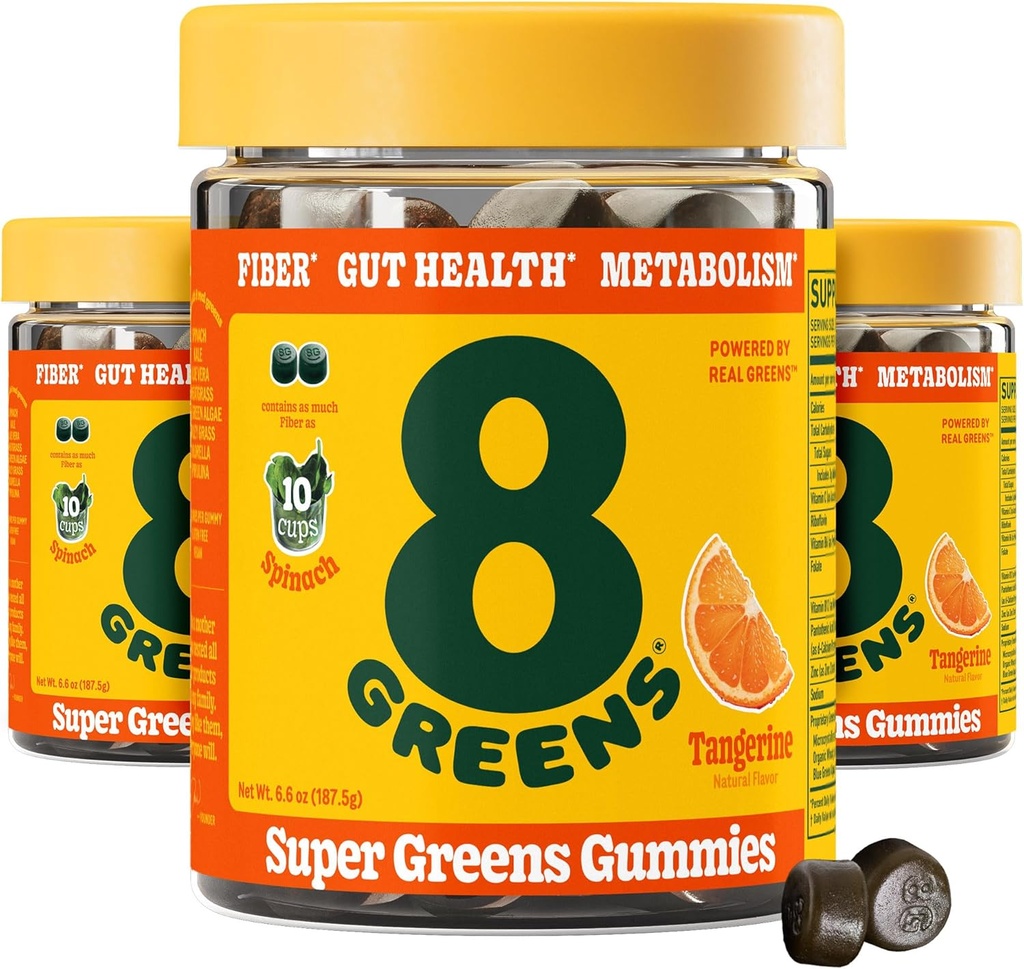 8Greens Daily Fiber Super Greens Gummies - Tangerine smaak: Boost Immune System & Digestieve Gezondheid met 8 Real Greens - niet-GMO Formule, kauwtabletten, 50 Gummies, Pack van 3