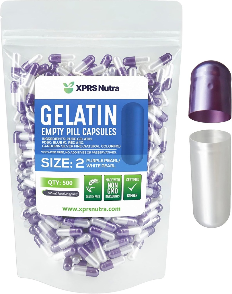 XPRS Nutra Size 2 Empty Capsules - 500 Count Empty Gelatin Capsules - Pills DIY Capsule Filling - Pure Bovine Pill Gel Caps for Do-It-Yourself Supplements (Pearl Purple/White)