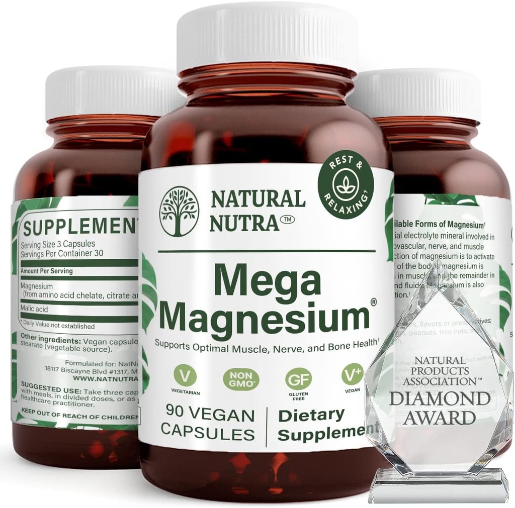 Natuurlijke Nutra Mega Magnesium 400 mg supplement - Hoge absorptie Aminozuurchelaat, Citrate, Malate Blend voor spiergroei, botsterkte, hartgezondheid, zenuwondersteuning - 90 capsules (verpakking van 2)