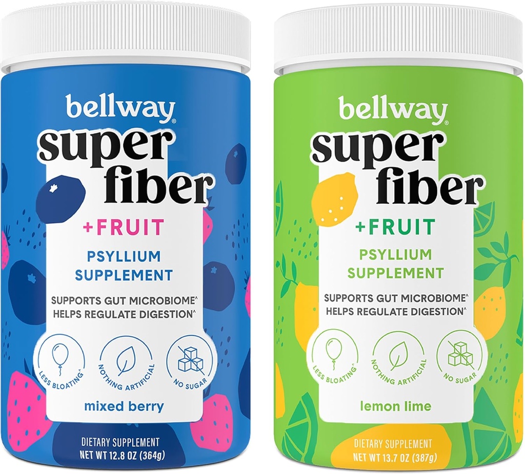 Poudre Super Fibre Bellway + Fruits, Sans Sucre Psyllium Bio Poudre Poudre Fibre Supplément pour la régularité, Bloating Relief & Gut Health, Non-OGM, Mixed Berry & Citron Lime