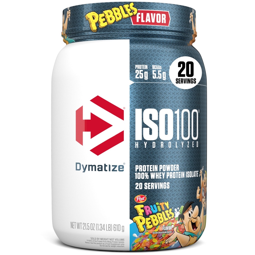 Dymatize x Fruitige Pebbles ISO100 Wei Proteïne Poeder Isolaat, 25 g eiwit, 20 porties, 5.5g BCAA's, 120 Cal., Glutenvrij, 1g Vet, 1g Suiker, 2g Kool