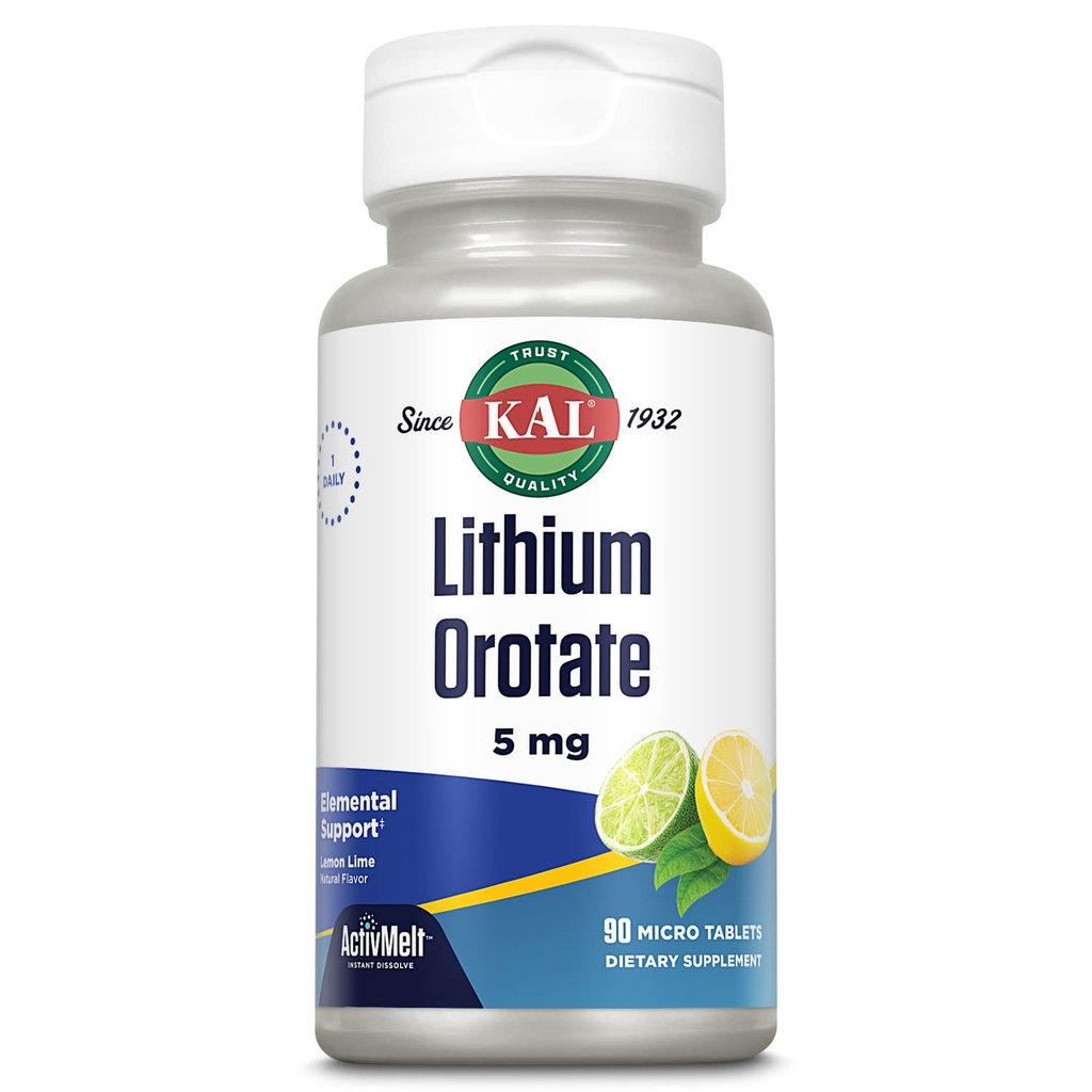 KAL Lithium Orotate ActivMelt 5mg, Lithium chélaté pour Absorption optimale et biodisponibilité, Support d'humeur saine, Saveur de citron naturel, Comprimés Dissolvants instantanés, 90 portions, 90 micro comprimés