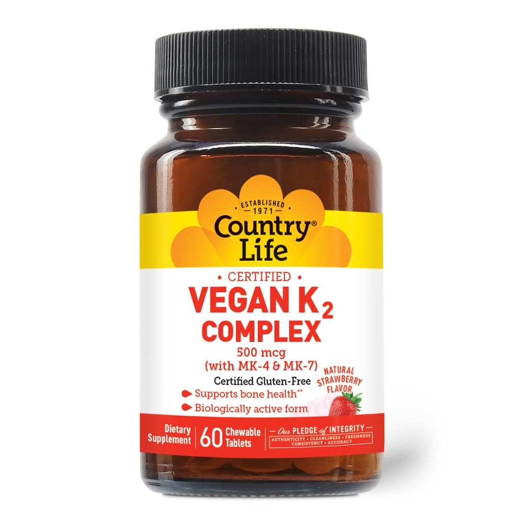 Country Life® Vegan K2-500 mcg, 60 Ct. Kauwtabletten. Aardbei smaak - Gecertificeerde Gluten Gratis - Gecertificeerde Veganist door AWS te ondersteunen Bone Health