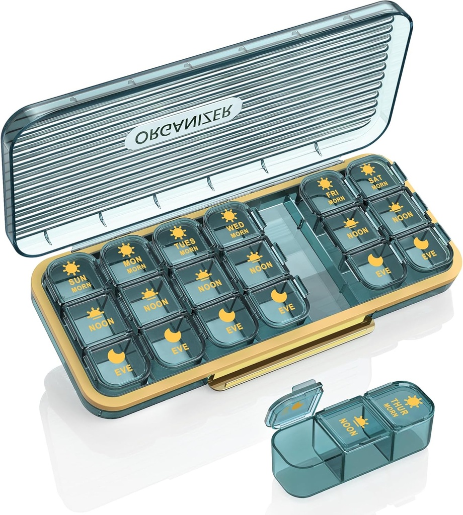Pillen Organisator 3 keer per dag, 7 dagen pil Box 3 keer per dag - Acedada Weekly Vitamin Box Organizer met 7 aparte containers, Portable Daily Medicine Planner Case voor vitamine Fish Oil Supplement, blauw