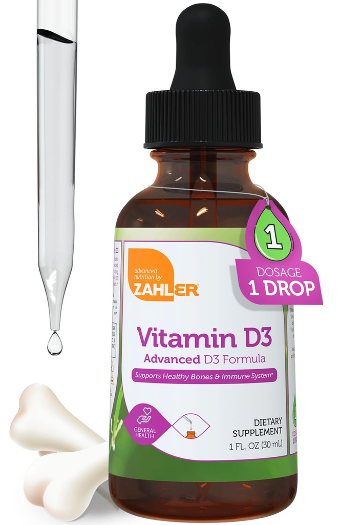 Zahler Vitamine liquide D3 1000 UI Supplément adulte pour les femmes et les hommes Végétarien Kosher Sans OGM Vitamine sans gluten D3 gouttes (1 fl oz)