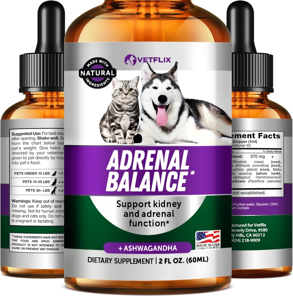 Pet Adrenal Support for Dogs & Cats - Made in USA - Cushings Treatment for Dogs - Cat & Dog Supplement for Nieren Support - 2 Fl Oz