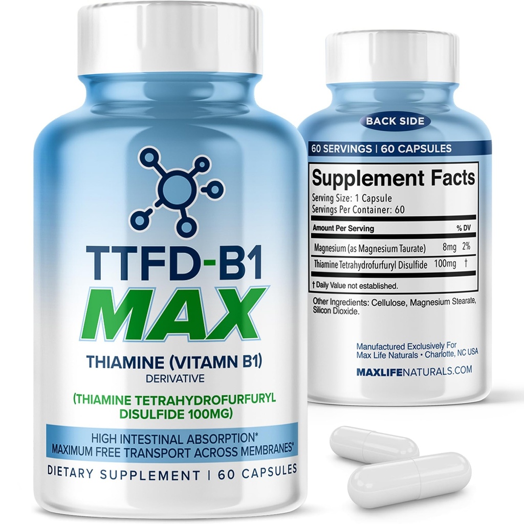 TTFD Thiamine B1 Supplement 60Capsules Made in USA- Thiamine TTFD Vitamine B1 MAX, High-Potency Supplement voor energie en focus, ondersteunt gezonde zenuwfunctie & algehele welzijn door MaxLife Naturals