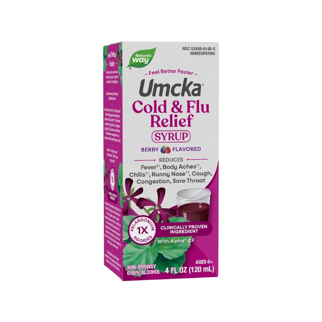Nature's Way Cold+Flu Relief Siroop, Umcka, Koorts*, Sore Throat, Hoest, Congestie, Body Aches*, Homeopathische, Fenylefrine Vrij, 0,05% Alcohol, Berry Flavored, 4 Fl Oz (Verpakking mei Vary)