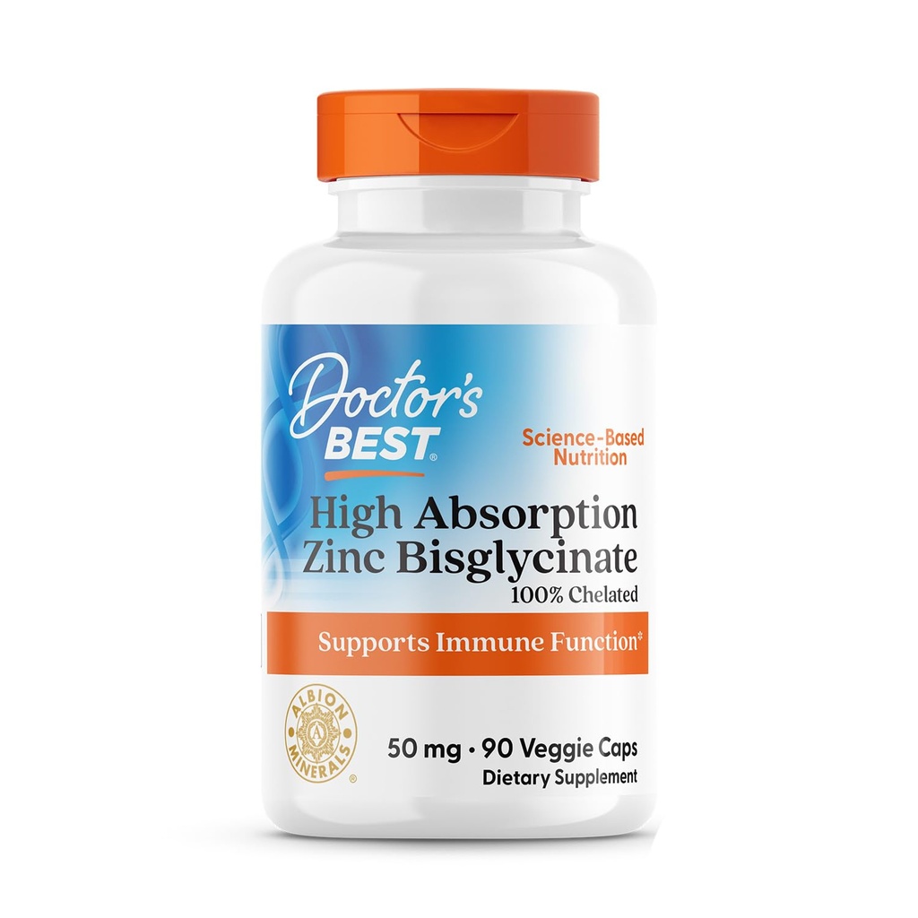Doctor's Best High Absorption Zinc Bisglycinate 50mg High Potency Supporting Enhancing Immune System Antioxidant VC, 90 Count