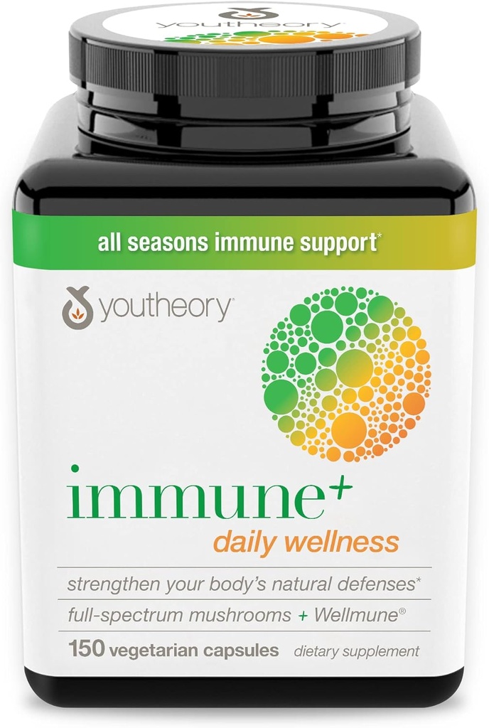 Youtheory Immune+ Daily Wellness- Biologische Paddenstoelen- Beta Glucon- Vitamine C, D3 & Zink 150 Vegetarische Caps