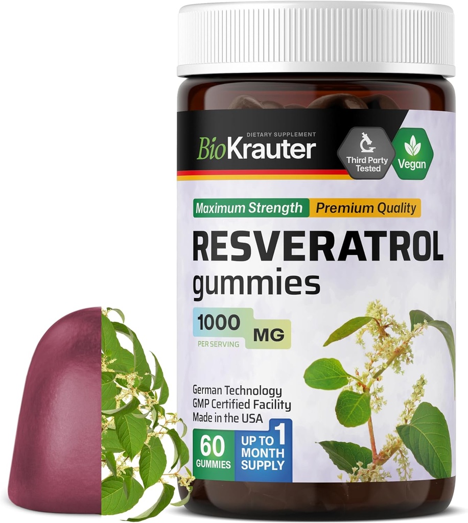 BIO KRAUTER Resveratrol Gummies - 1000 mg sterkte - 60 Vegan Kauwen - 98% Pure Trans Resveratrol Supplement - Antioxidant Ondersteuning