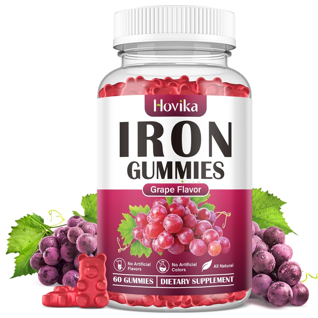 Supplément de gommies de fer pour les femmes et les hommes, Suppléments de fer pour l'anémie avec vitamine C, B12, Folate-Blood Builder & Energy Support for Iron Deficiency-Grape Flavor, Vegan, 60 gommies
