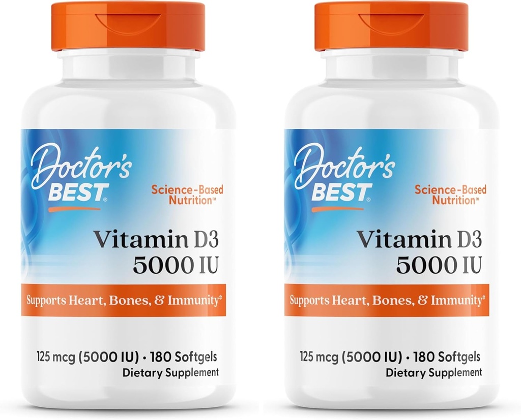 La meilleure vitamine D3 5000UI, sans OGM, sans gluten et sans soja, régule la fonction immunitaire, soutient les os sains, blanc, sans saveur, 180 comte (paquet de 2)