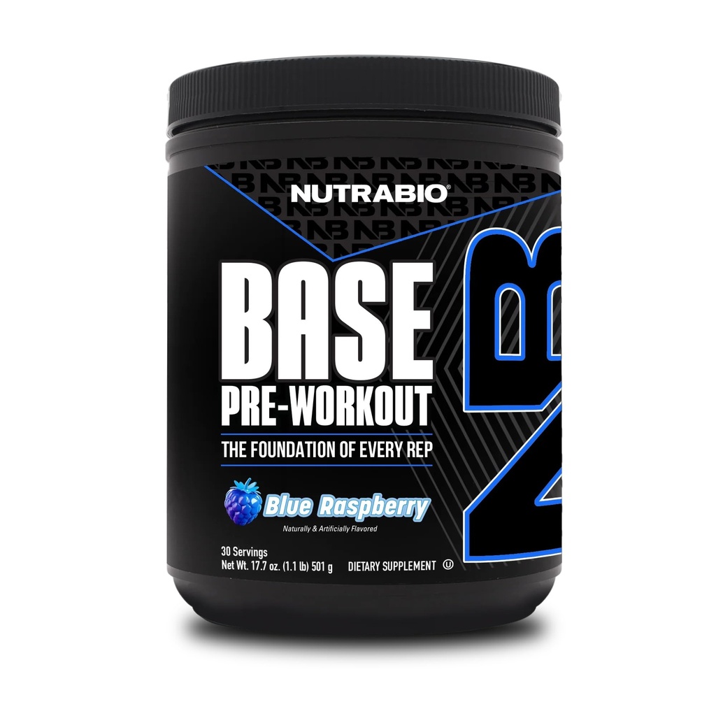 NutraBio Base Pre-Workout Powder 200mg Cafeïne, Sustained Energy, Focus, Endurance, Pump, Sugar Free, Clean Preworkout voor mannen en vrouwen - Beta Alanine, L-Tyrosine, 30 Servers - Blue Raspberry