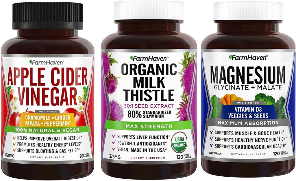 FarmHaven Apple Cider Vinegar Capsules met Gember & Magnesium Glycinate & Malate Complex w/Vitamine D3 & Milk Thistle Capsules