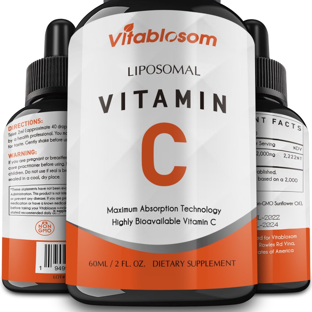 Liposomale vitamine C 2000mg Liquid for Adults, High Absorptie VIT C, Maximize Vitamin C, Immuun System & Antioxidant Support, 60ML (1 Fles)