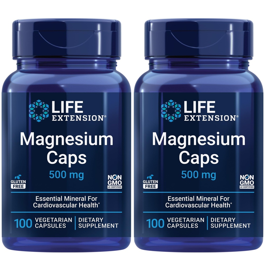 Extension de vie Magnésium Caps, 500 mg, Succinate de magnésium, Santé du coeur, Bons en santé, Soutien du métabolisme - Pack de deux - 2 x 100 Capsules végétariennes