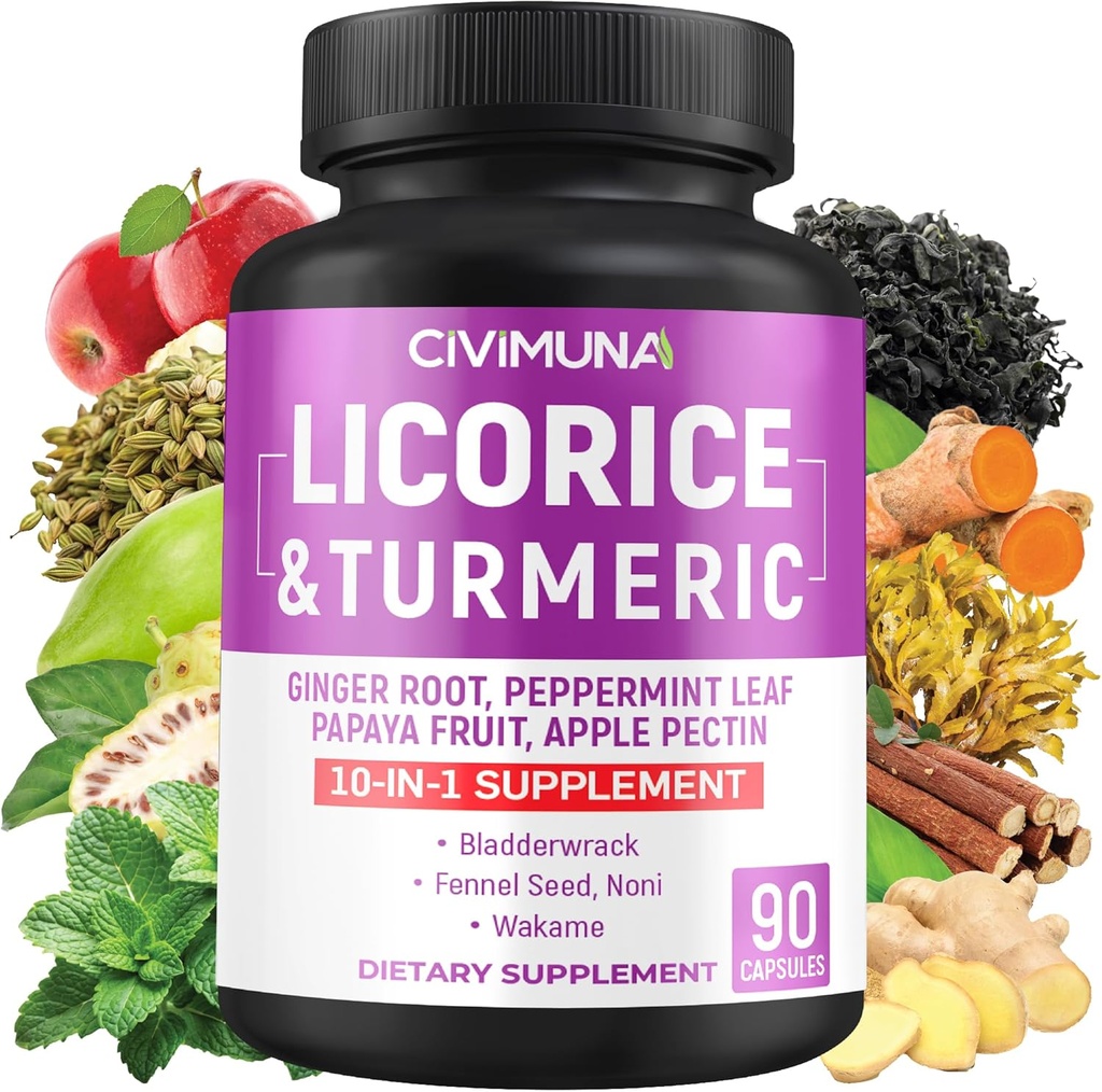 Licorice Capsules with Licorice, Turmeric Root, Ginger Root, Peppermint Leaf, Papaya Fruit- 3 Months Supply